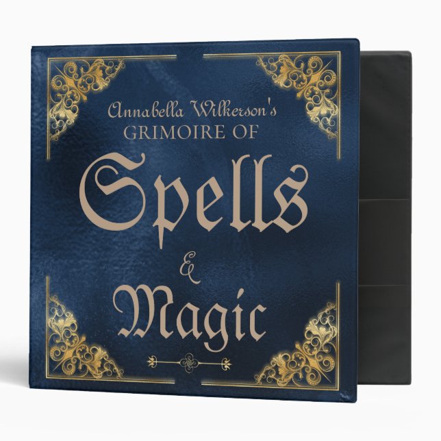 Classeur Grimoire d'antiquité bleu et or (Devant/intérieur)