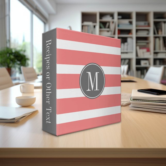Classeur Gris et corail Motif rayé avec Monogramme (Custom Monogram Binder)