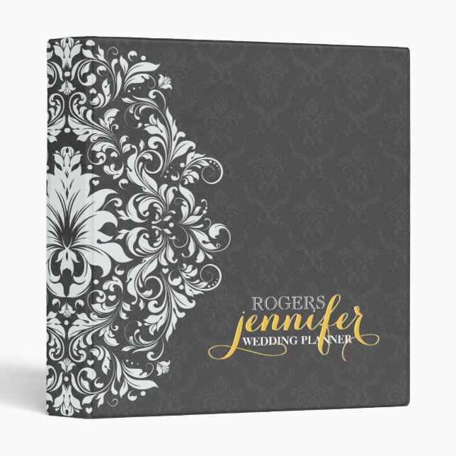 Classeur Gris Floral Damas Blanche dentelle 3 (Devant/Côté)