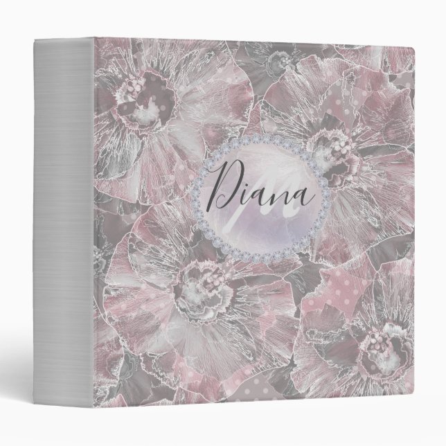 Classeur Gris rose, grandes fleurs design (Devant/Côté)