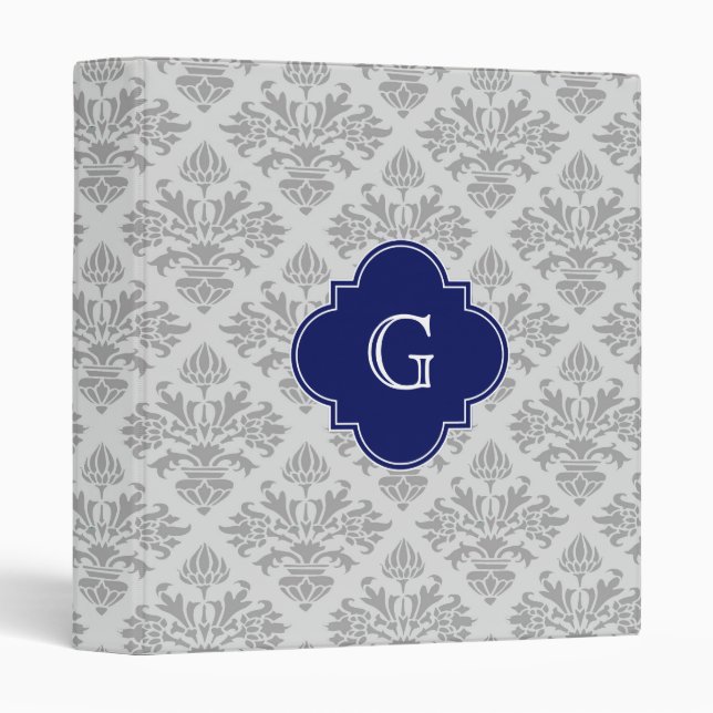 Classeur Gris vintage sur Damas gris #3 Monogramme (Devant/Côté)