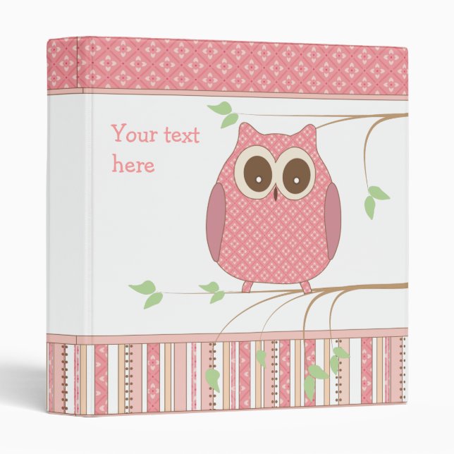 Classeur Hibou rose mignon sur une branche d'arbre (Devant/Côté)