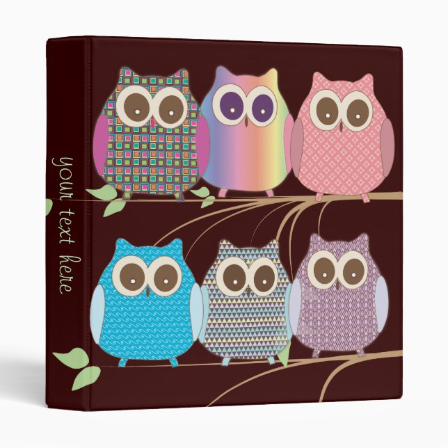 Classeur Hiboux mignons sur des branches, couleurs (Devant/Côté)