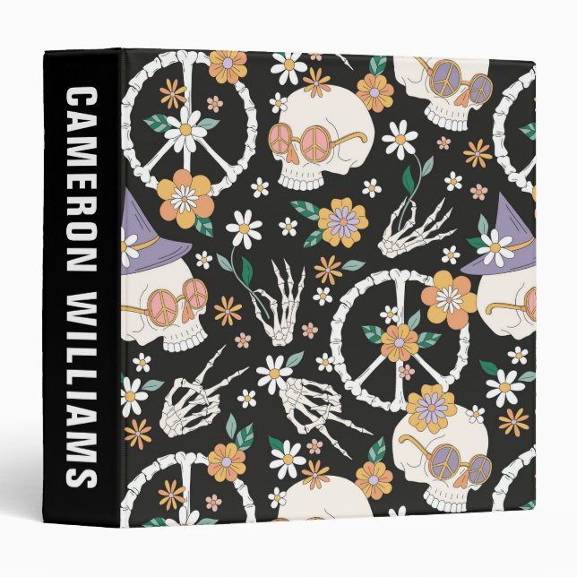 Classeur Hippie Halloween Skulls et Fleurs Motif (Devant/Côté)