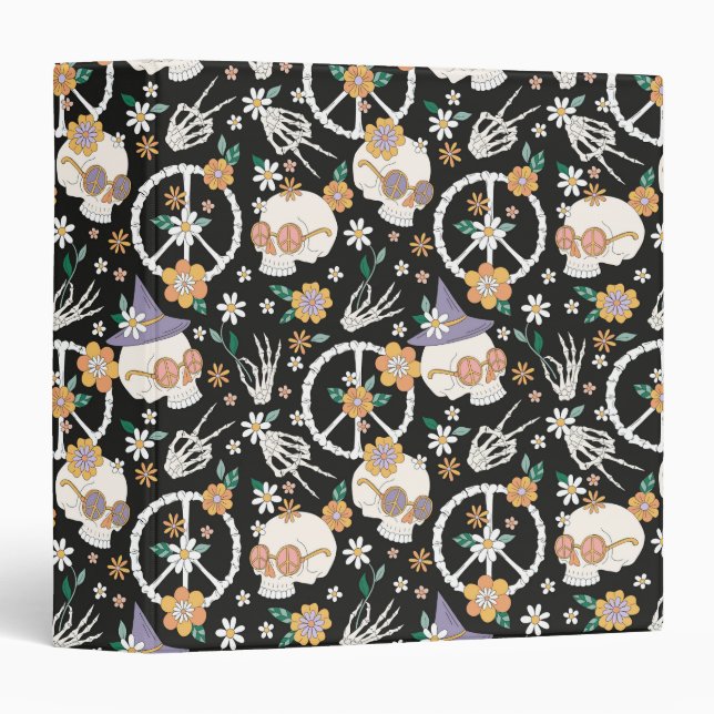 Classeur Hippie Halloween Skulls et Fleurs Motif (Devant/Côté)