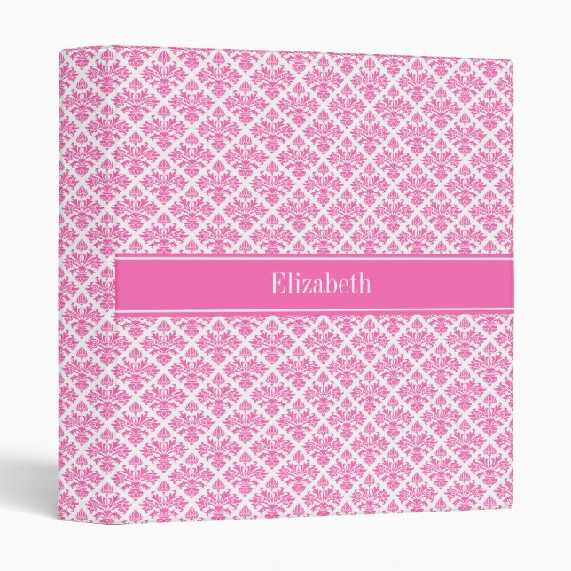 Classeur Hot Pink 2 Wht Damask #3 Hot Pink Nom Monogram (Devant/Côté)