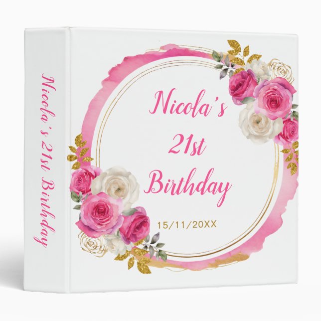 Classeur Hot Pink and Gold Elegant Flowers Birthday Photo (Devant/Côté)