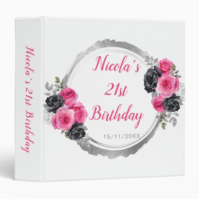 Classeur Hot Pink and Silver Elegant Flower Birthday Photo (Devant/Côté)