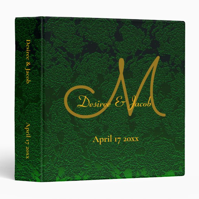 Classeur Hunter Green Gold Mariage Réception Monogramme (Devant/Côté)