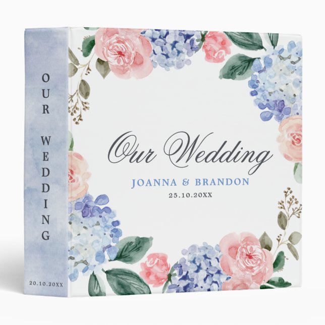 Classeur Hydrangées bleu pâle rose pastel mariage (Devant/Côté)