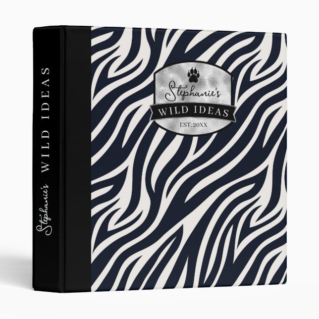 Classeur Idées Sauvages Étiquette Argent Noir & Blanc Zèbre (Devant/Côté)