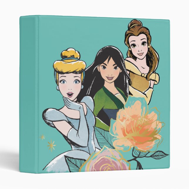 Classeur Illustration florale Cendrillon, Mulan et Belle (Devant/Côté)