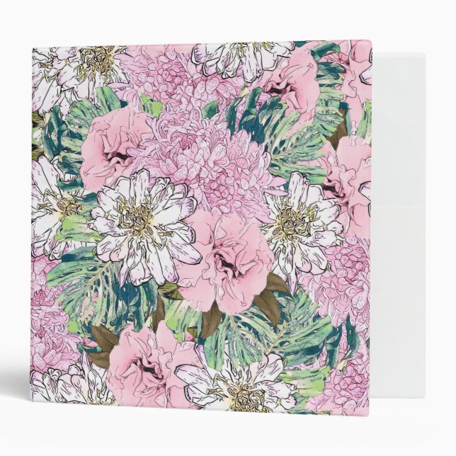 Classeur Illustration florale mignonne rose et blanc (Devant/intérieur)