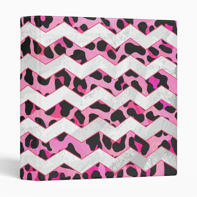 Classeur Imprimé chevron noir léopard et rose vif (Devant/Côté)