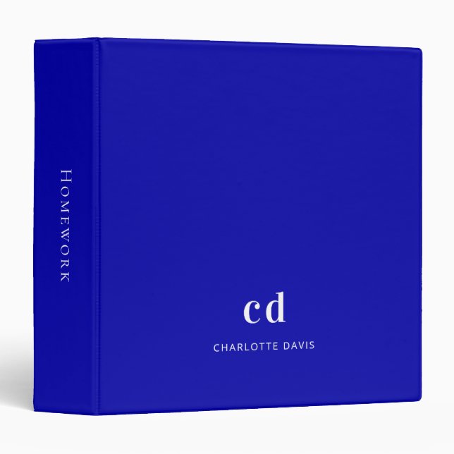 Classeur Initiales de monogramme blanc bleu royal nom (Devant/Côté)