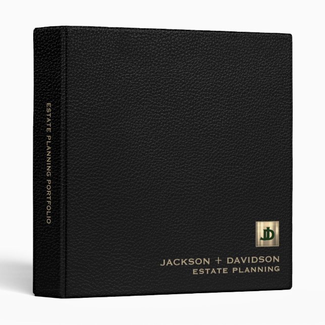 Classeur Initiales en cuir noir de luxe Planification immob (Devant/Côté)