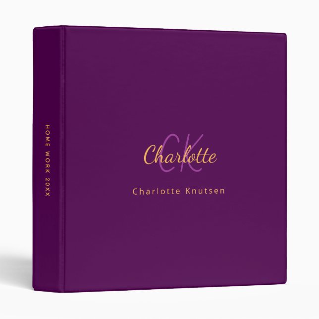 Classeur Initiales monogramme or violet (Devant/Côté)