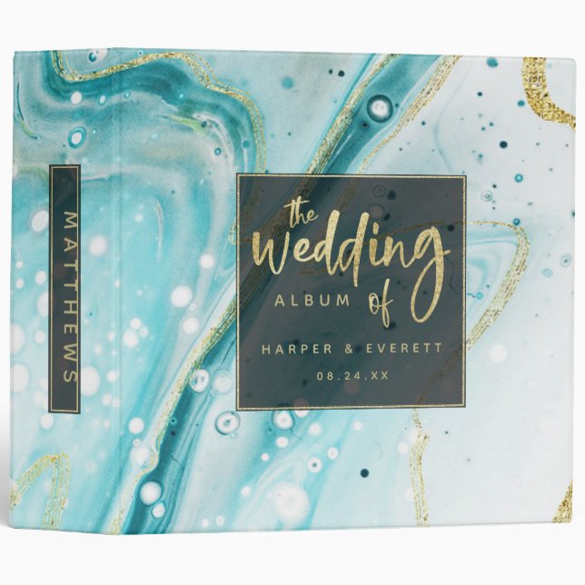 Classeur Inky Splash Turquoise Marble or Mariage Album phot (Devant/Côté)