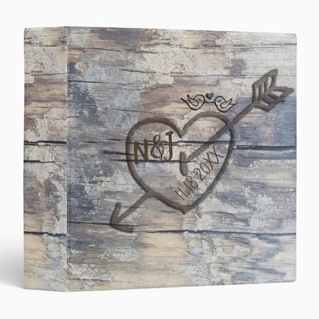 Classeur Inséparables en bois d'écorce rustique et coeur sc (Devant/Côté)