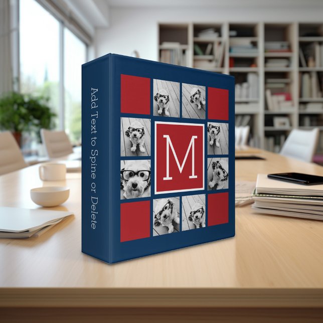 Classeur Instagram Photo Collage Monogrammes - Bleu et Roug (Personalized 3-ring Binder with custom text and photos)