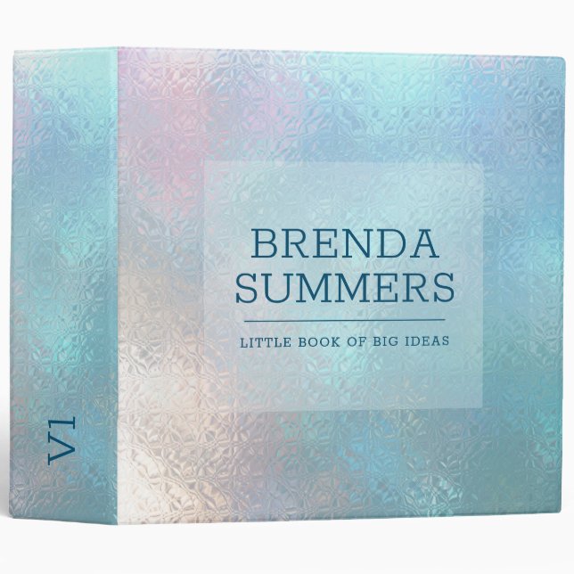 Classeur Iridescente faux verre bleu clair note rose (Devant/Côté)