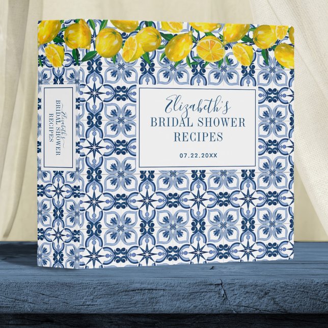 Classeur Italien Carrelage bleu Citron Fête des mariées Rec (An elegant lemon bridal shower recipe binder featuring lemons and mediterranean blue tile)