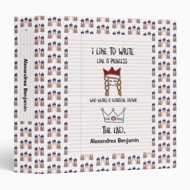Classeur J'aime écrire Princess Crown Personnaliser le nom (Devant/Côté)