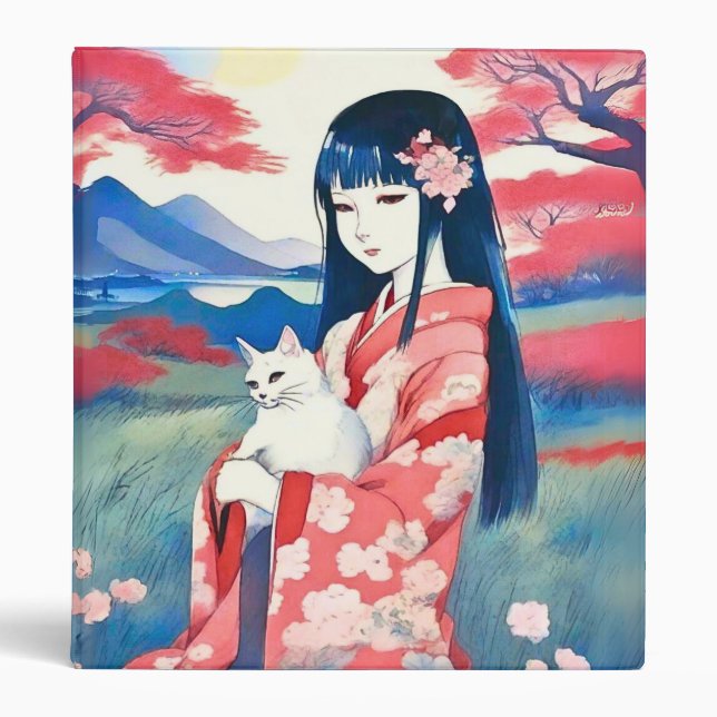 Classeur Japonaise avec un chat blanc (Devant)