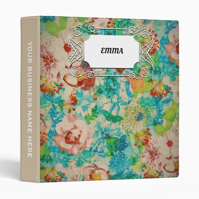 Classeur Jardin botanique d'été vintage vert Fleurs Roses (Devant/Côté)