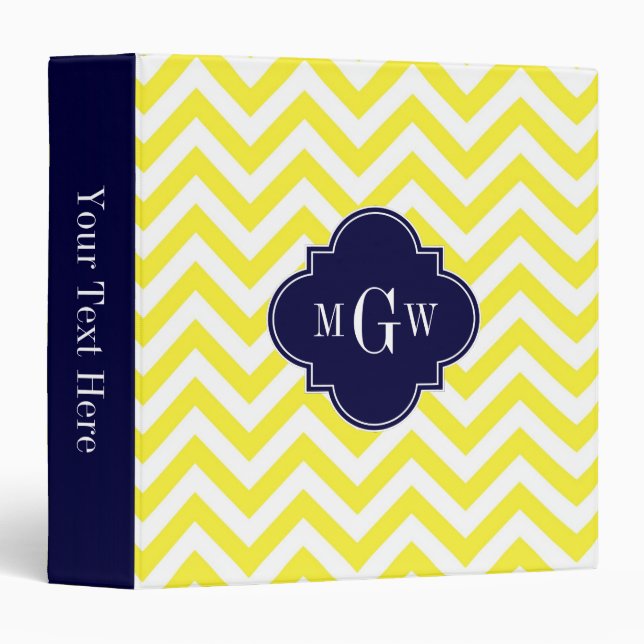 Classeur Jaune Lg Chevron Navy Quatrefoil 3 Monogramme (Devant/Côté)