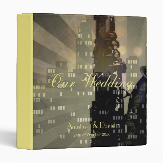 Classeur Jazz Age Saxophone City Skyline Mariage Album (Devant/Côté)