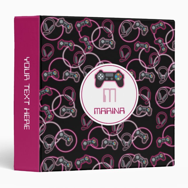 Classeur Jeu vidéo Neon Rose Girls Motif Monogramme (Devant/Côté)