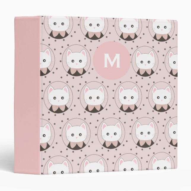 Classeur Joli Chat Face Rose Dotty Motif Monogramme (Devant/Côté)