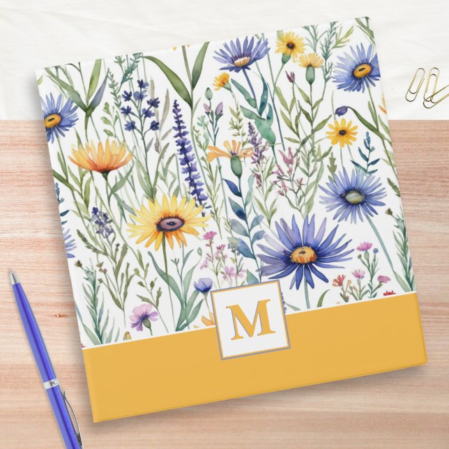 Classeur Joli Fleur sauvage Floral Rustique Élégant Monogra (A pretty monogrammed ring binder with a wildflowers design in a watercolor style)