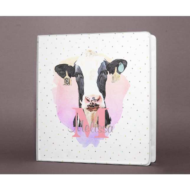 Classeur Joli Monogramme Aquarelle Nom Kids Holstein Cow (Holstein Cow Adorable monogram binder for back to school)