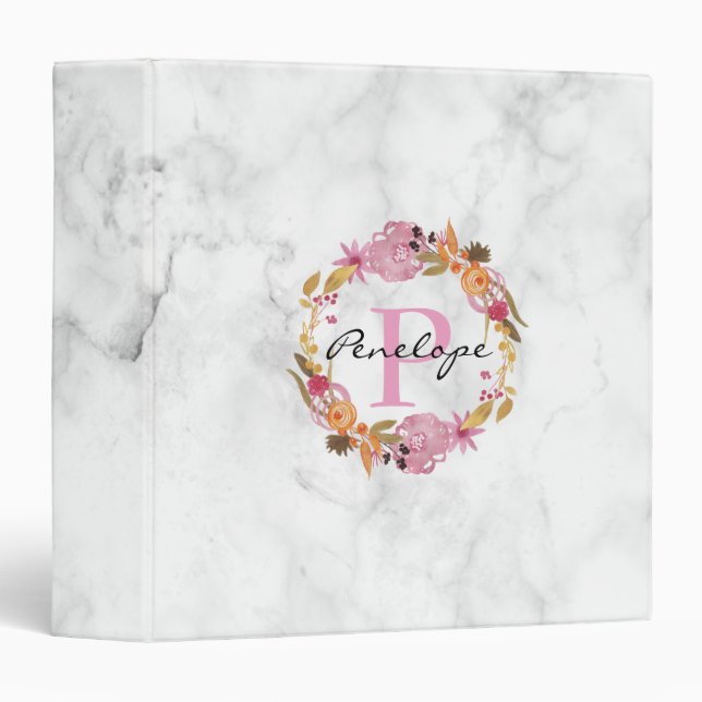 Classeur Joli Monogramme de couronne de fleurs rose (Devant/Côté)