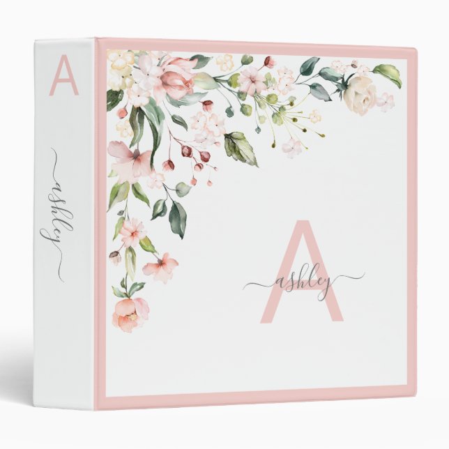 Classeur Joli rose Floral Script Monogramme Nom initial (Devant/Côté)