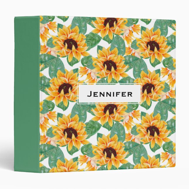 Classeur Joli tournesol Jaune & Motif vert (Devant/Côté)