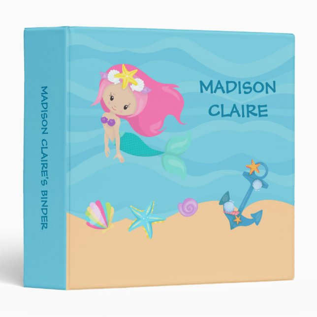Classeur Jolie Fille Sirène Personnalisé Enfants Plage Albu (Devant/Côté)