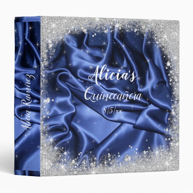 Classeur Jolie paillettes argentées et Satin Bleu pour Quin (Devant/Côté)