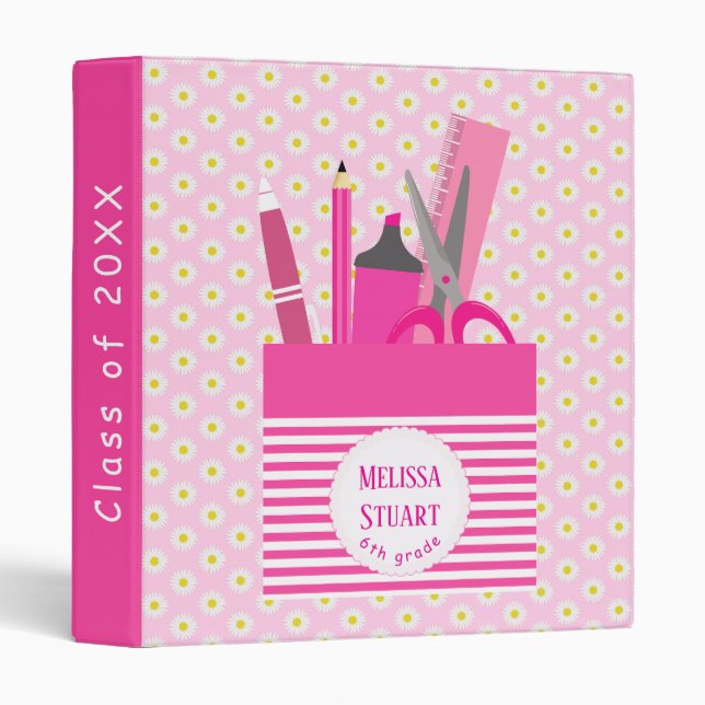 Classeur Jolie Papeterie Rose Fleurs Blanches Fille (Devant/Côté)