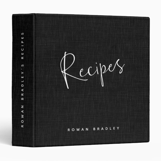 Classeur Journal de recettes personnalisé en lin noir propr (Devant/Côté)