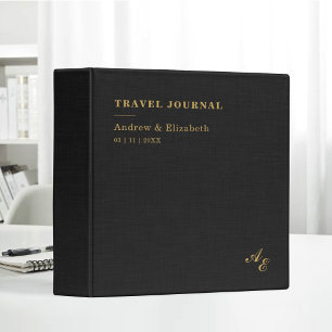 Classeur Journal de voyage or toile de lin noire Monogramme