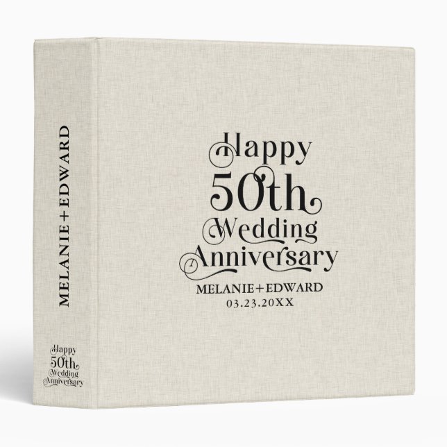 Classeur Joyeux 50e anniversaire de Mariage lin beige (Devant/Côté)