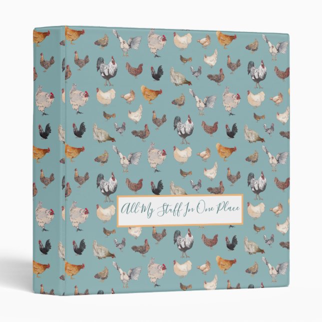 Classeur Joyeux motif de poulet gris bleu (Devant/Côté)