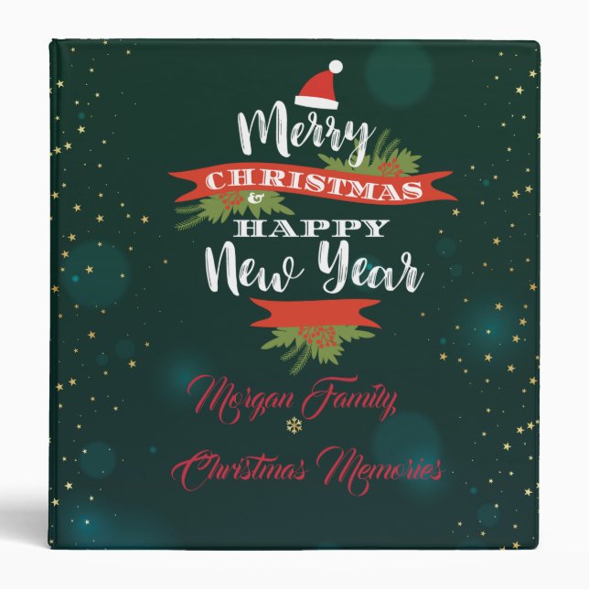 Classeur Joyeux Noël, Étoiles d'or, Chapeau de Père Noël (Devant)