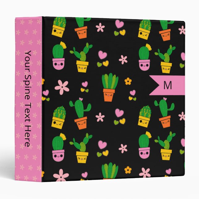 Classeur Kawaii Cactus Monogramme noir (Devant/Côté)