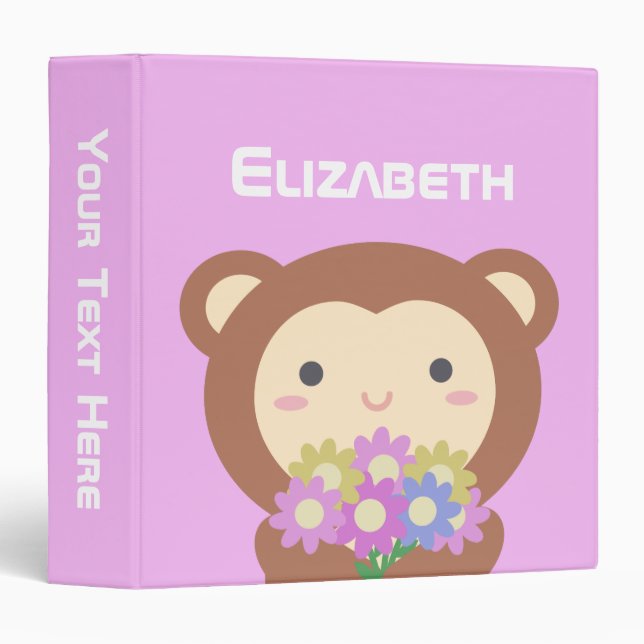 Classeur Kawaii Mignonne Singe Pastel Purple Rose Fleurs No (Devant/Côté)