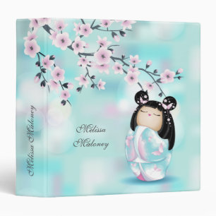 Classeur Kokeshi Poupée Cerisier Fleur rose Turquoise Perso