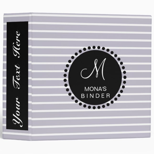 Classeur Le monogramme propre rayé gris personnalisent (Devant/Côté)